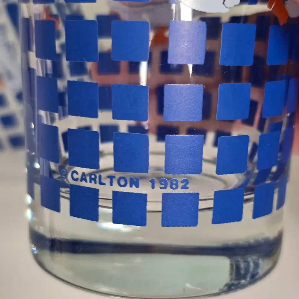 Vintage 80s Carlton White Geese Drinking Glassed Country Blue Checker Farmhouse